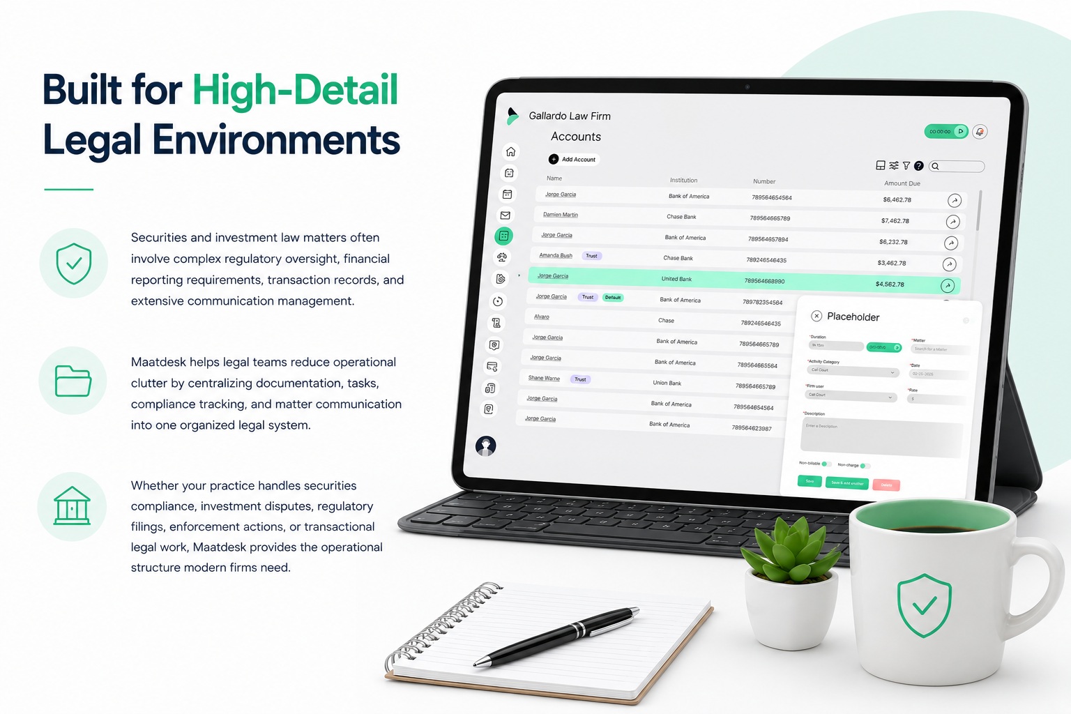 Securities law workflow software dashboard
